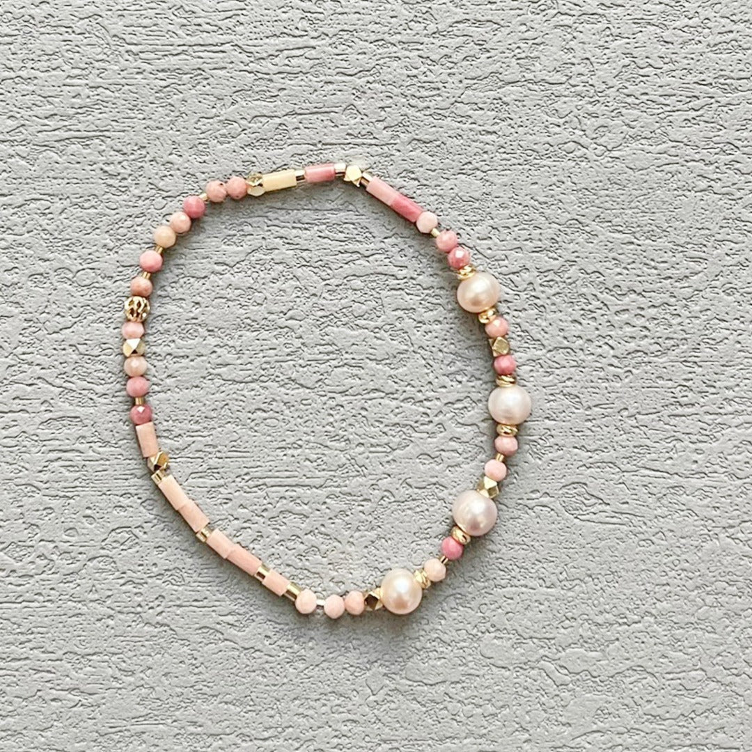 珍珠櫻花粉天然石米珠手鏈