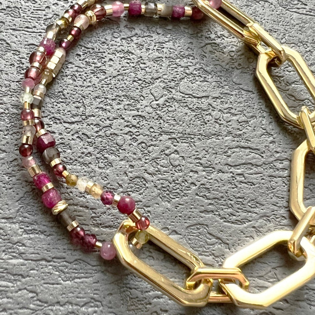 Natural stones fine beads art deco chain bracelet (smoky fuchsia)