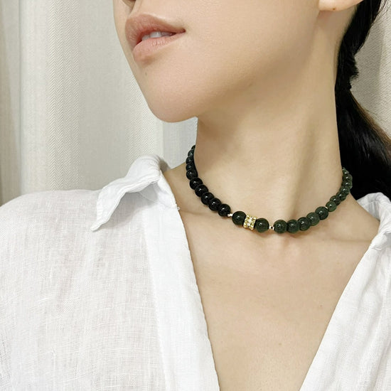 Load image into Gallery viewer, Jade Vine Jadeite choker necklace with zircon mini studs pendant

