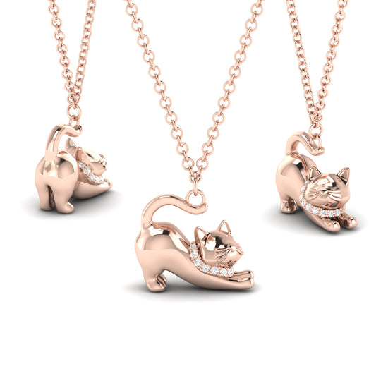 Pour La Vie - 18K Rose Gold Plated Silver Lovely Nature Cat Diamonds Necklace