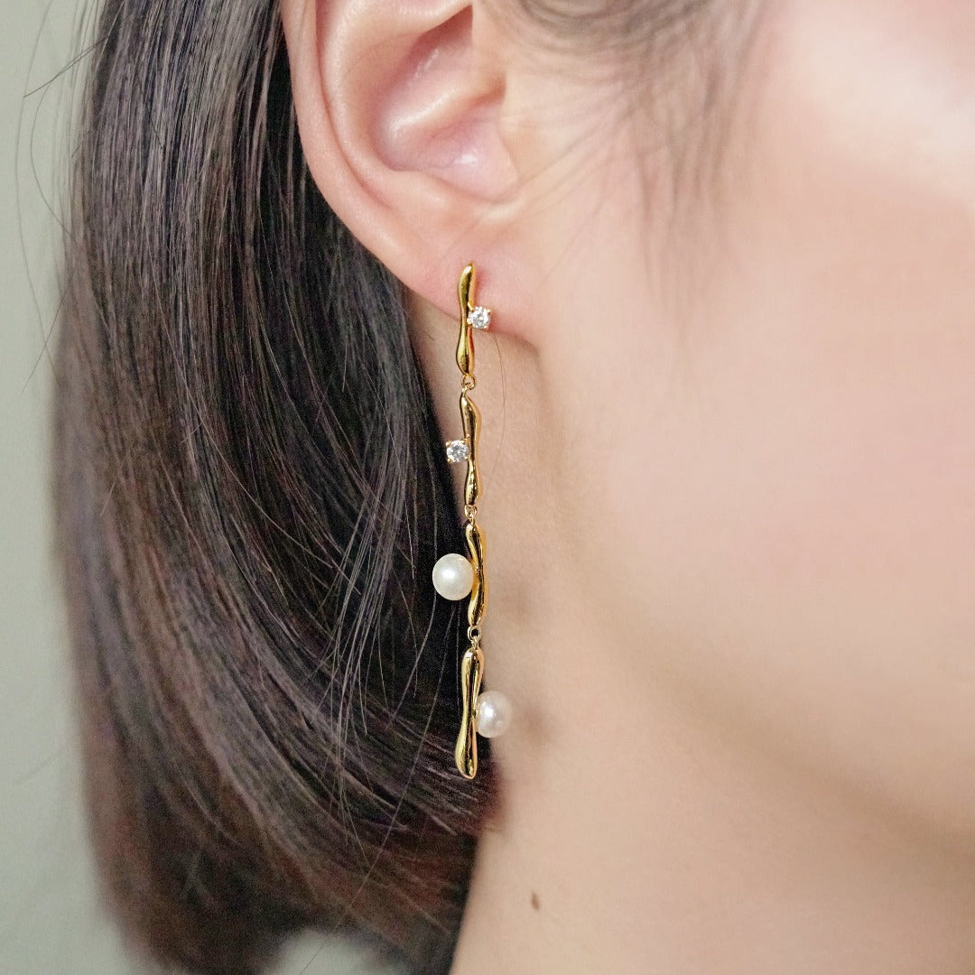 Crush - 18K Yellow Gold plated Tiny Long Pearl Earrings