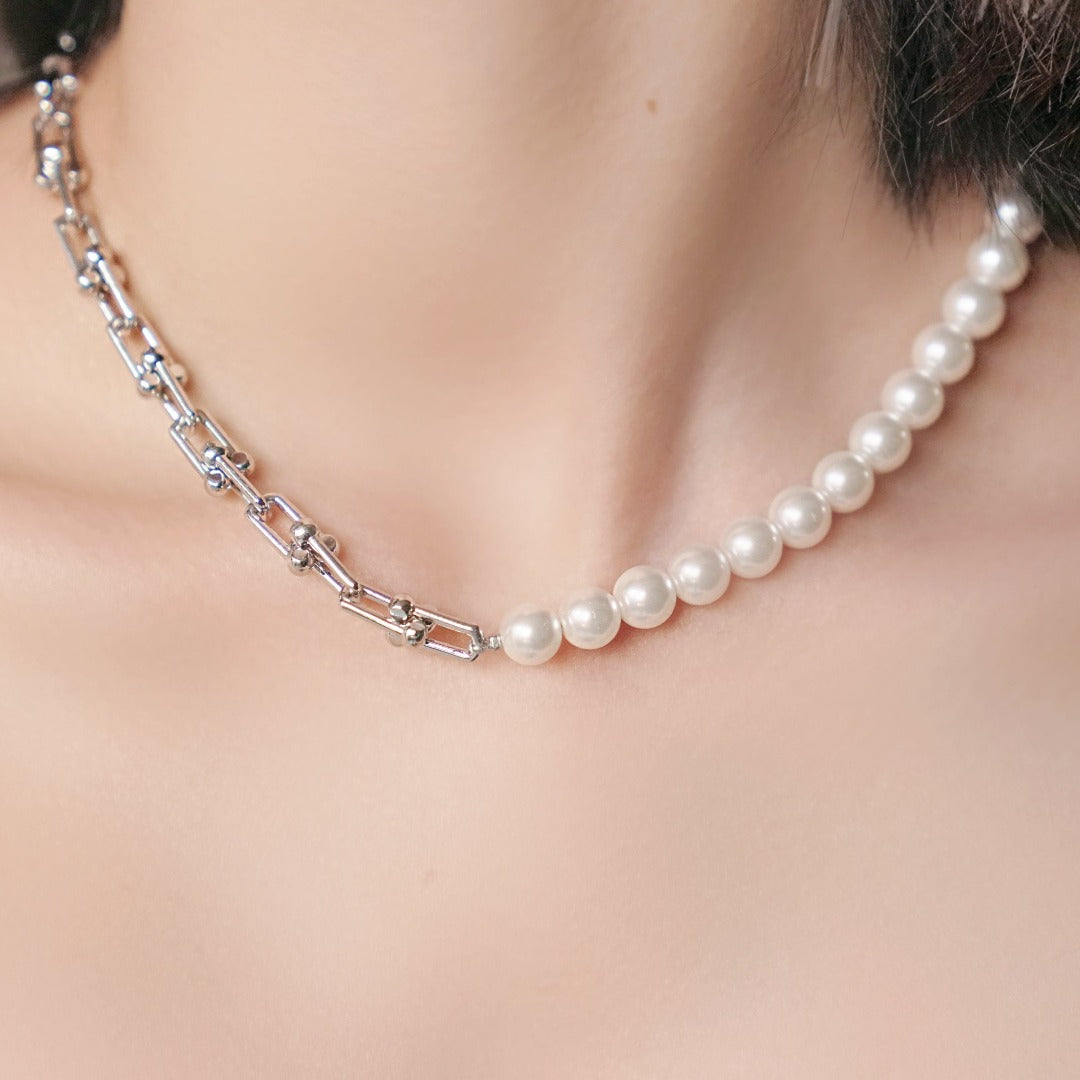 Crush - 18K White Gold plated Knot Simulated Pearl Necklace