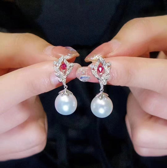 Load image into Gallery viewer, THIALH - FAUNA &amp;amp; FLORA - Ruby and White Diamond Pearl Earrings
