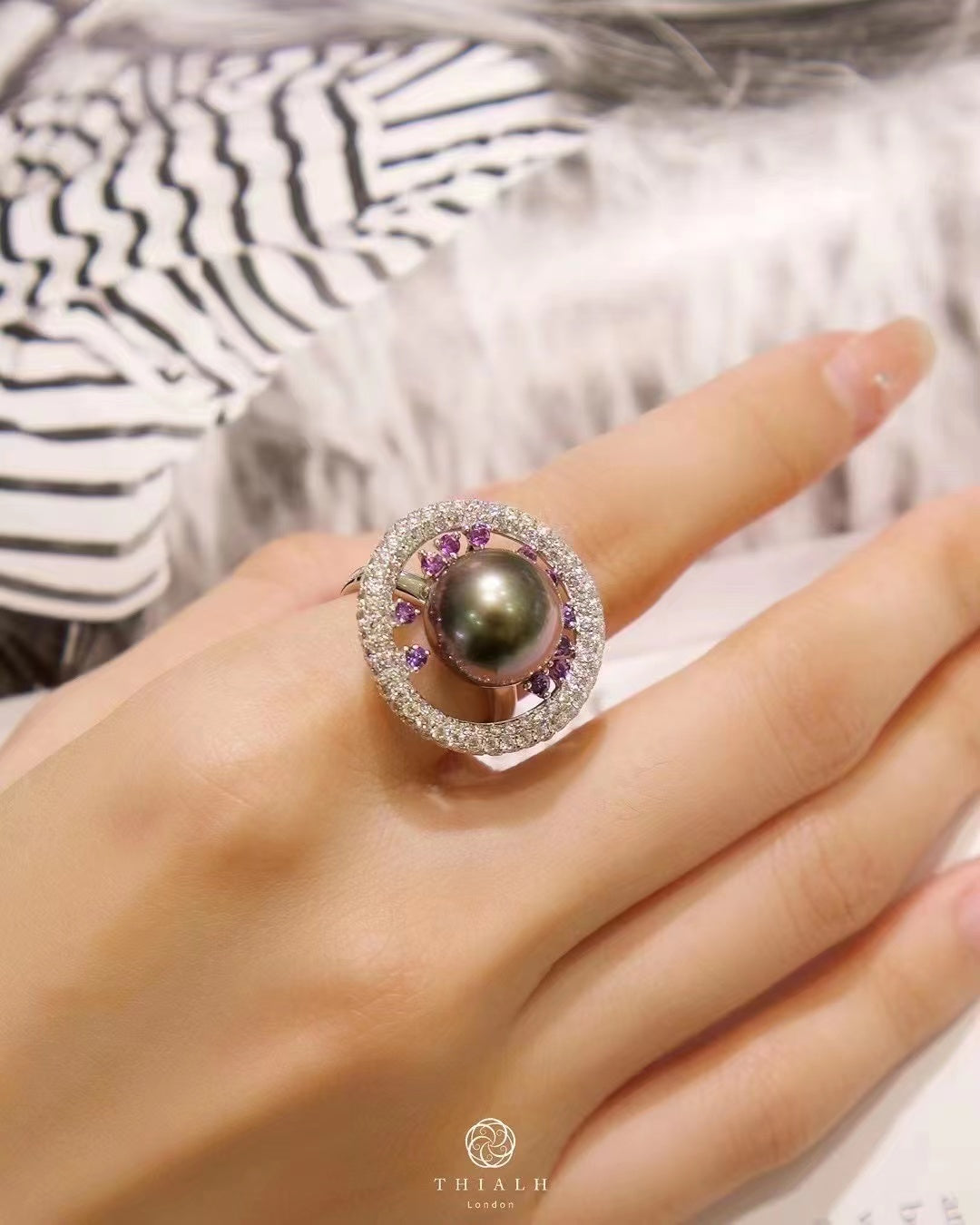 Tahitian Black Pearl Sapphire And Diamond Ring (Accept Pre-order)