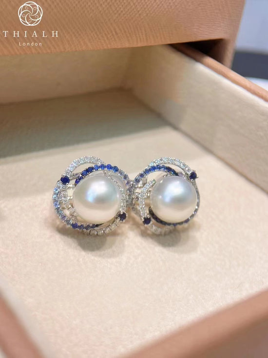 Load image into Gallery viewer, South Sea Pearl Blue Sapphire Diamond Earrings (Accept Pre-order)
