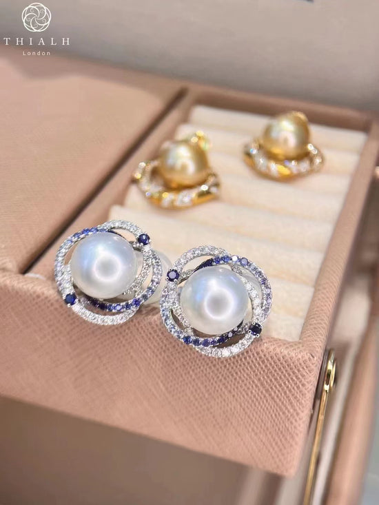 South Sea Pearl Blue Sapphire Diamond Earrings (Accept Pre-order)