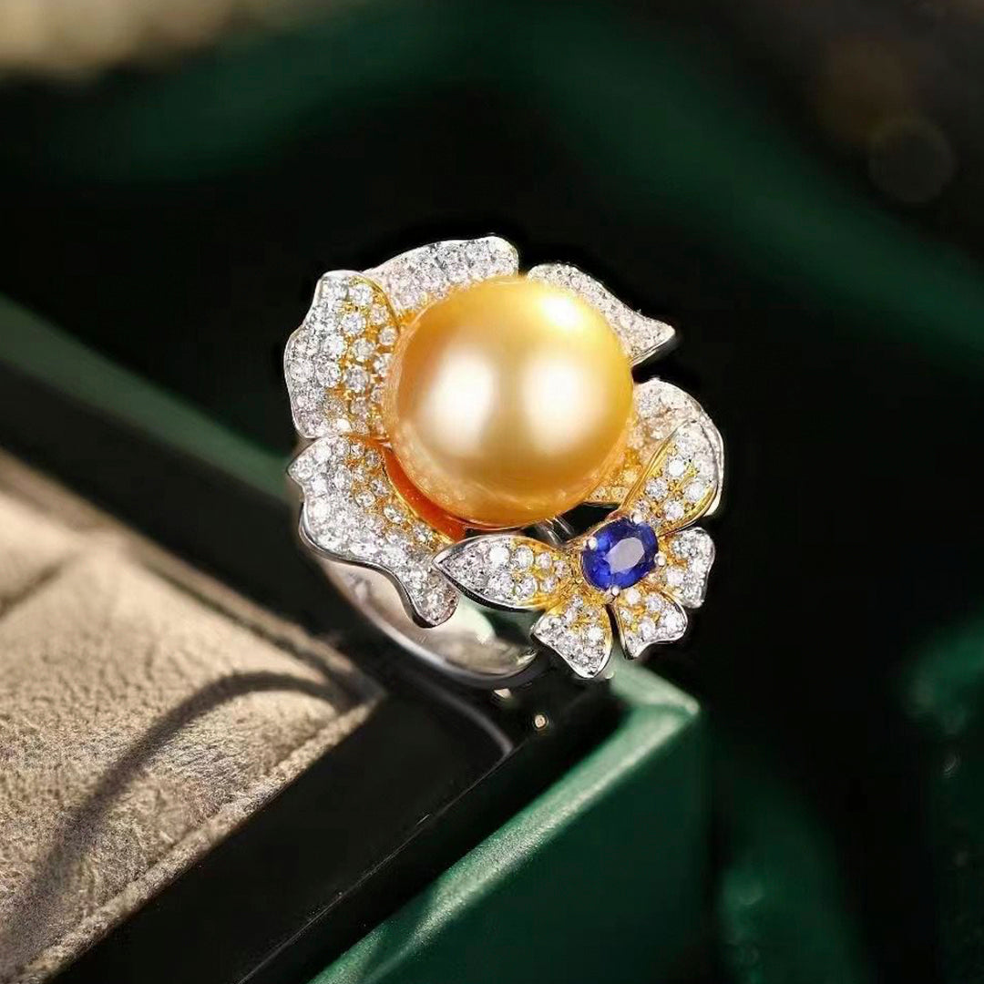 18K White Gold Pearl, Sapphire And Diamond Ring (Accept Pre-order)
