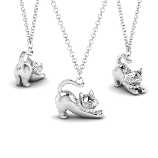 Pour La Vie - 18K White Gold Plated Silver Lovely Nature Cat Diamonds Necklace