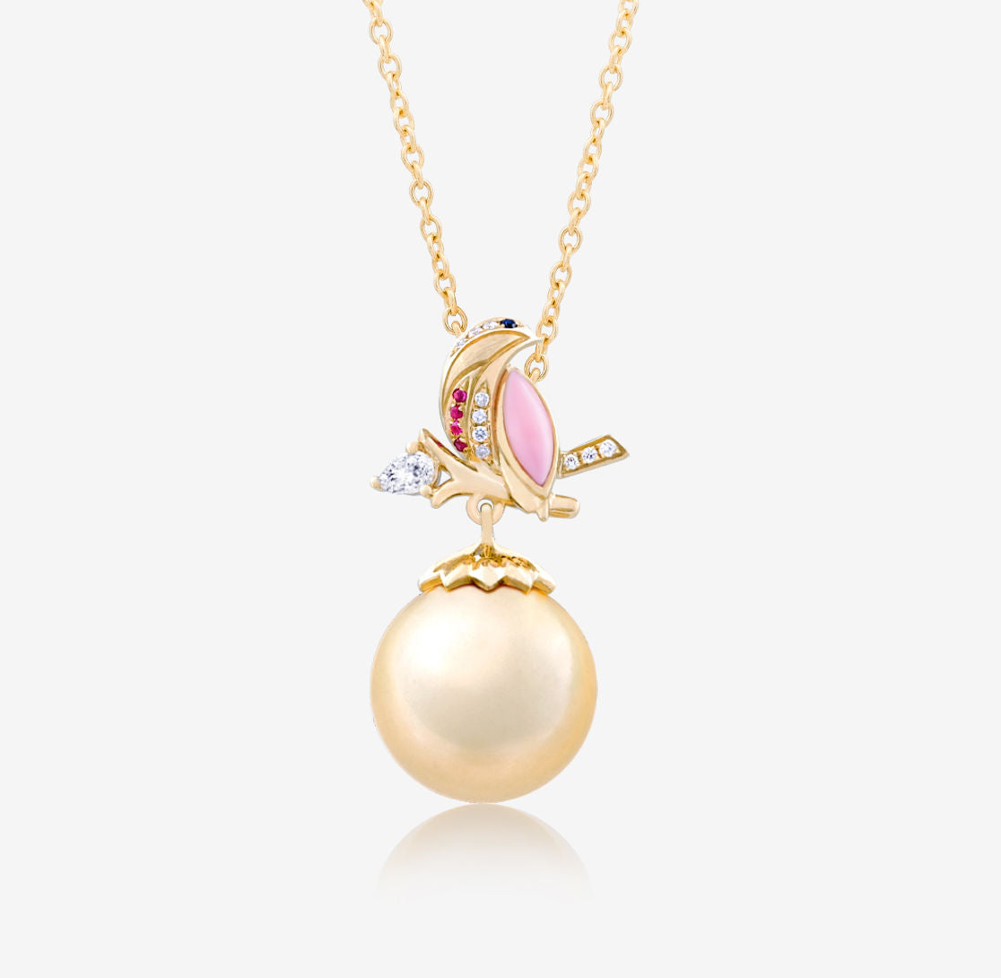 ROBIN - Diamond, Pink Conch Shell & Pearl Necklace
