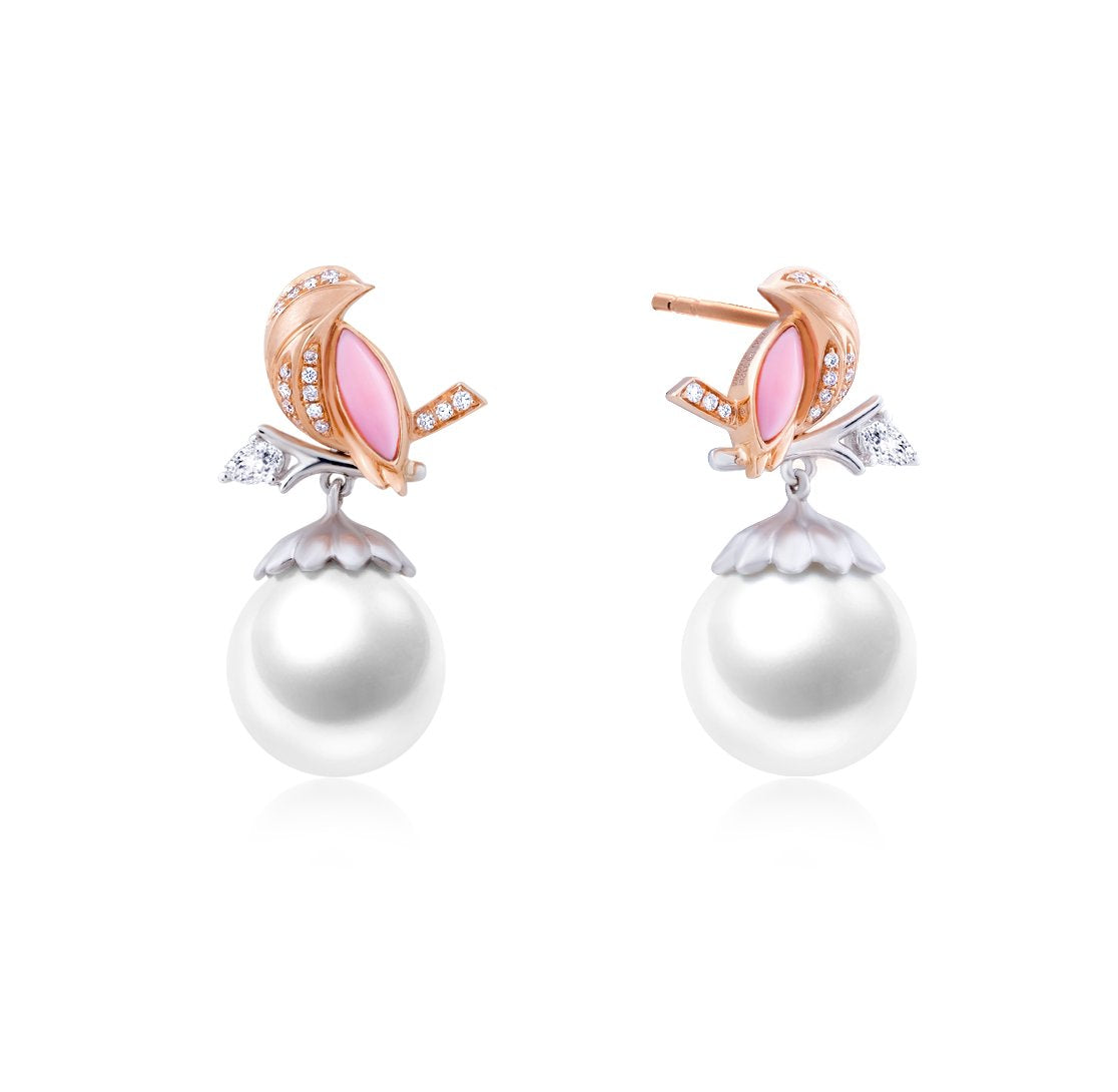 ROBIN知更鳥系列 - 鑽石，粉紅海螺貝殼和珍珠耳環