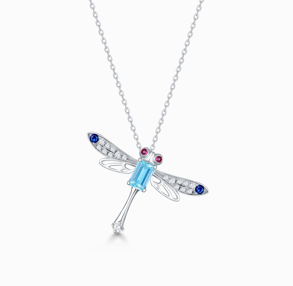 THIALH - FAUNA & FLORA - 18K White Gold Dragonfly Aquamarine, Ruby and Diamond Necklace