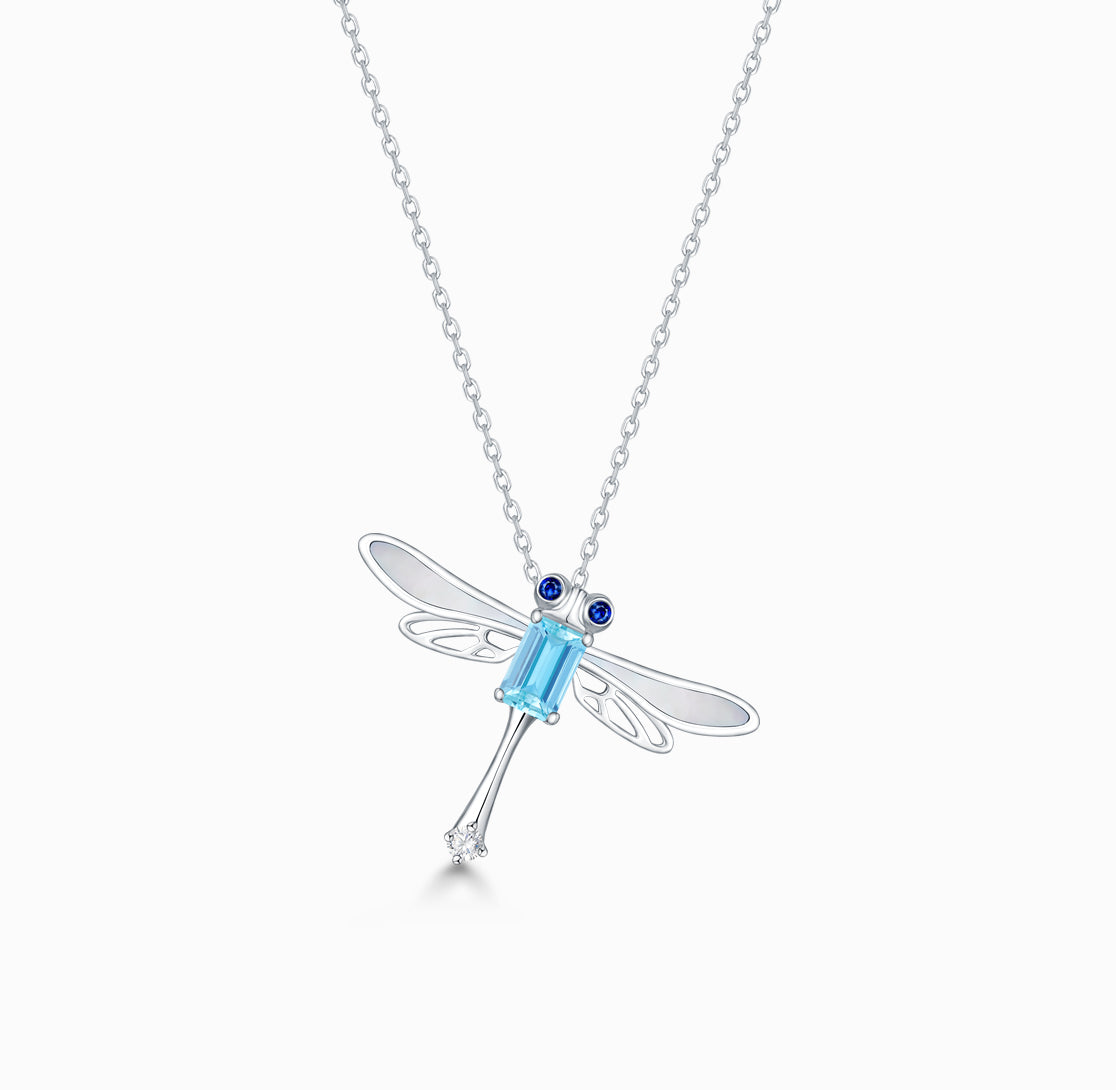 THIALH - FAUNA & FLORA - 18K White Gold Dragonfly Aquamarine and Diamond Necklace