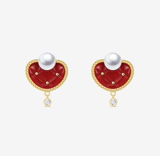 Load image into Gallery viewer, CONCERTO - 18K Yellow Gold Carnelian and baby Akoya with Diamond Earrings
