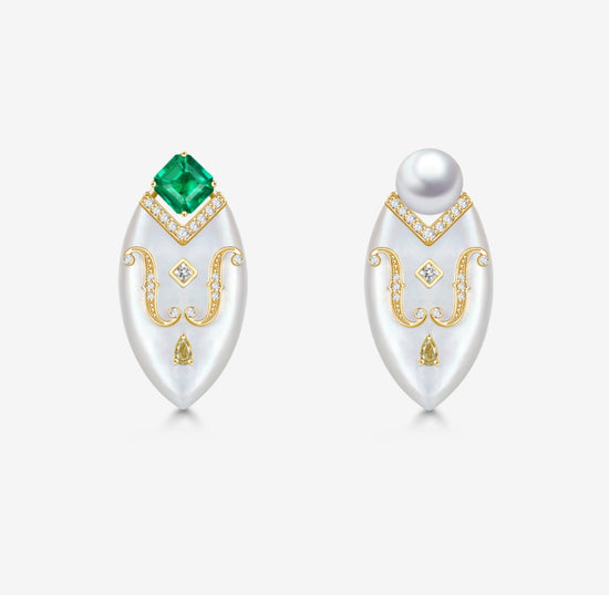 THIALH - CONCERTO - 18K Yellow Gold Emerald Akoya Pear Diamond Earrings (Customized Service)