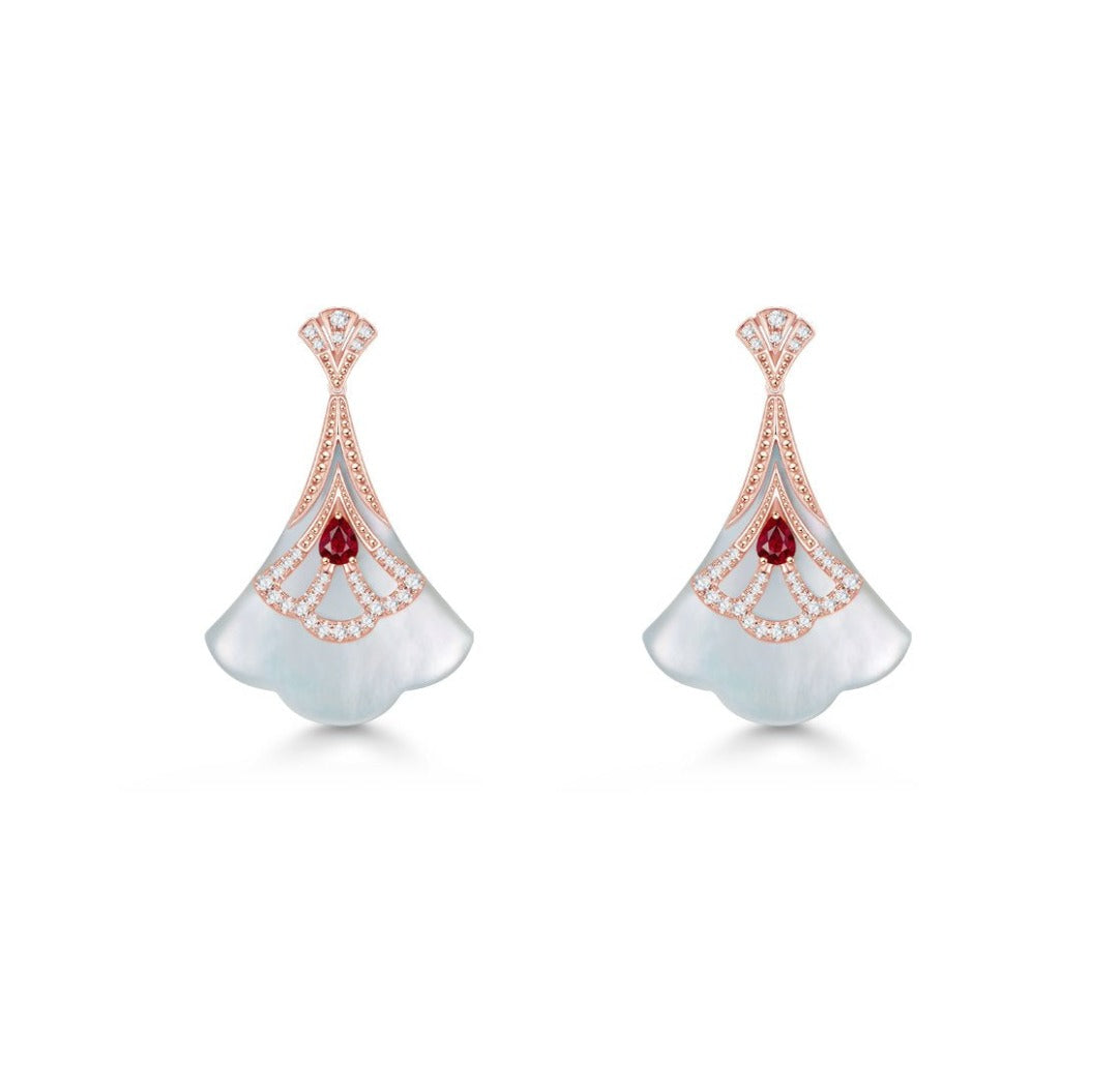 THIALH - CONCERTO - 18K Rose Gold Mother of Pearl with Ruby Earrings