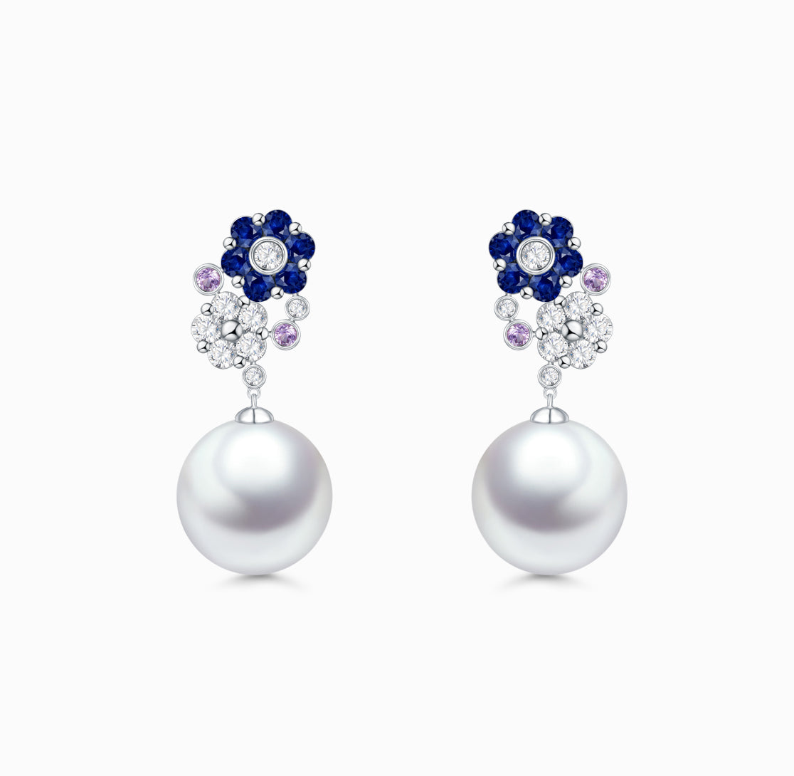 FAUNA & FLORA - Flora Blue Sapphire and White Diamond Pearl Earrings