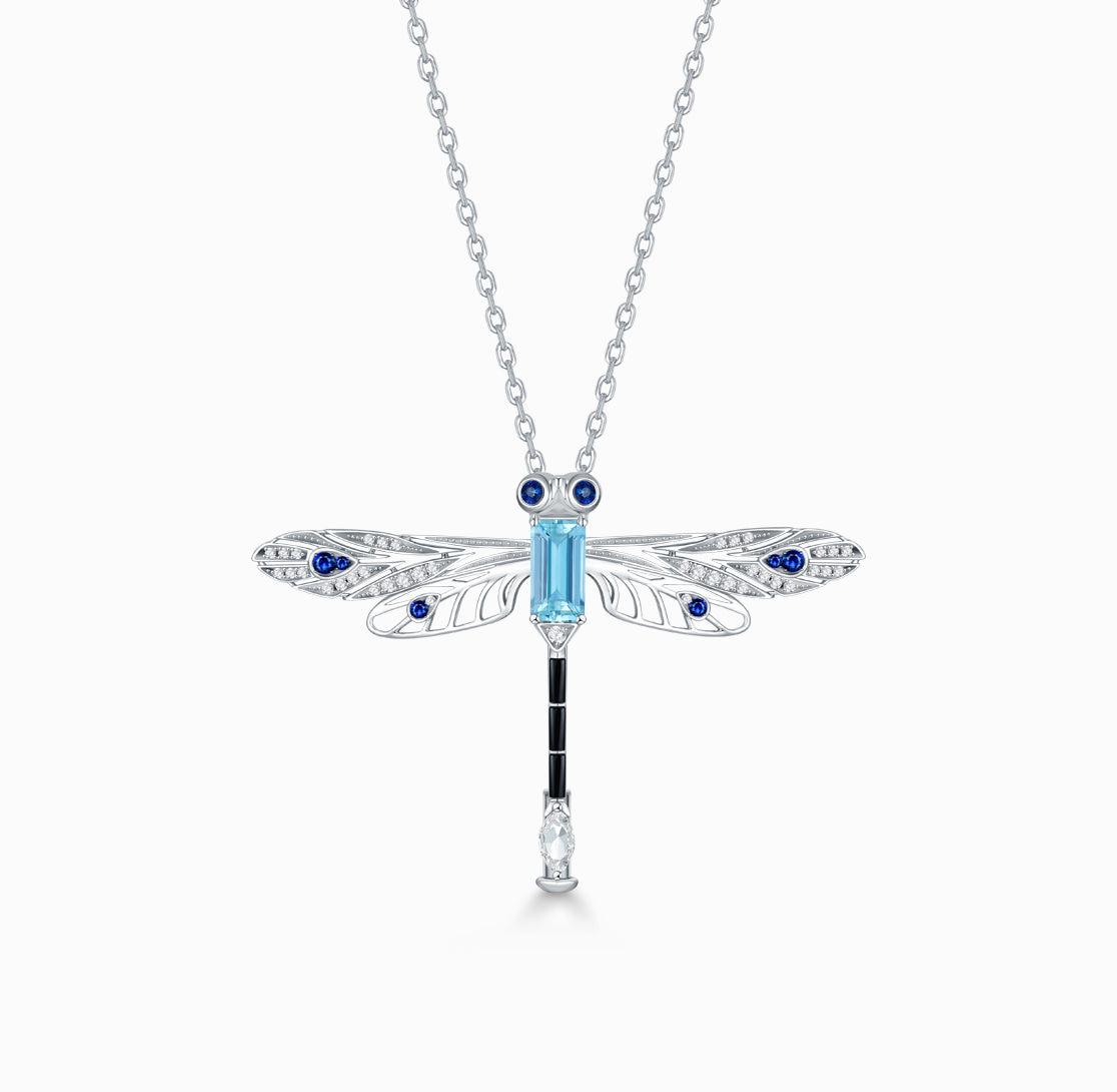 Load image into Gallery viewer, THIALH - FAUNA &amp;amp; FLORA - Dragonfly, Aquamarine, Sapphire and Diamond in 18K White Gold Necklace
