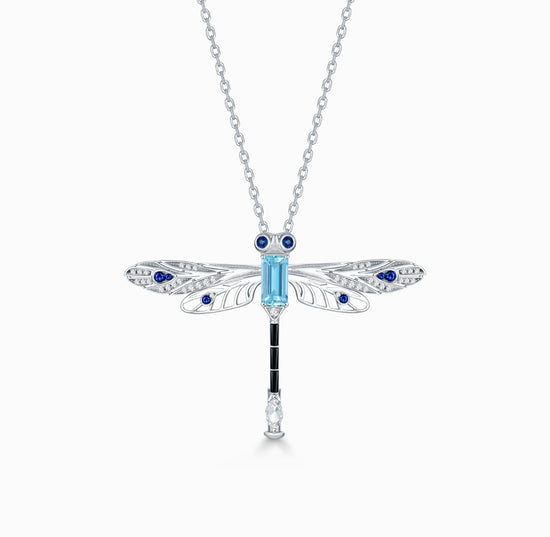 THIALH - FAUNA & FLORA - Dragonfly, Aquamarine, Sapphire and Diamond in 18K White Gold Necklace