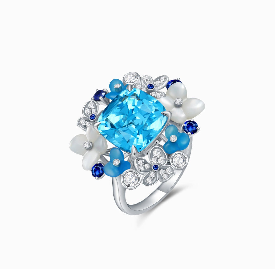 THIALH - FAUNA & FLORA - Hydrange Blue Chalcedony and Sapphire Diamond Ring