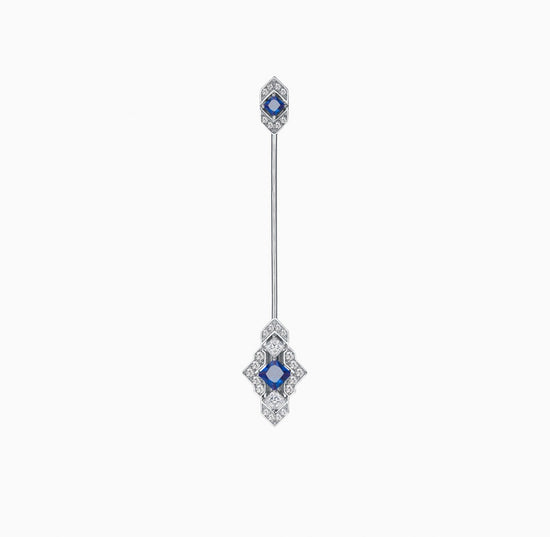 Castle - Double wear Earring/Brooch in 18K White Gold Plated 925 Sterling Silver with Blue Cubic Zirconia