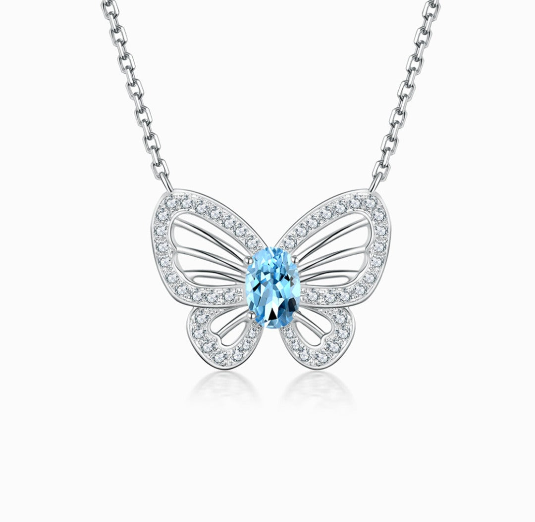 Load image into Gallery viewer, FAUNA &amp;amp; FLORA - Aquamarine Diamond Butterfly Necklace
