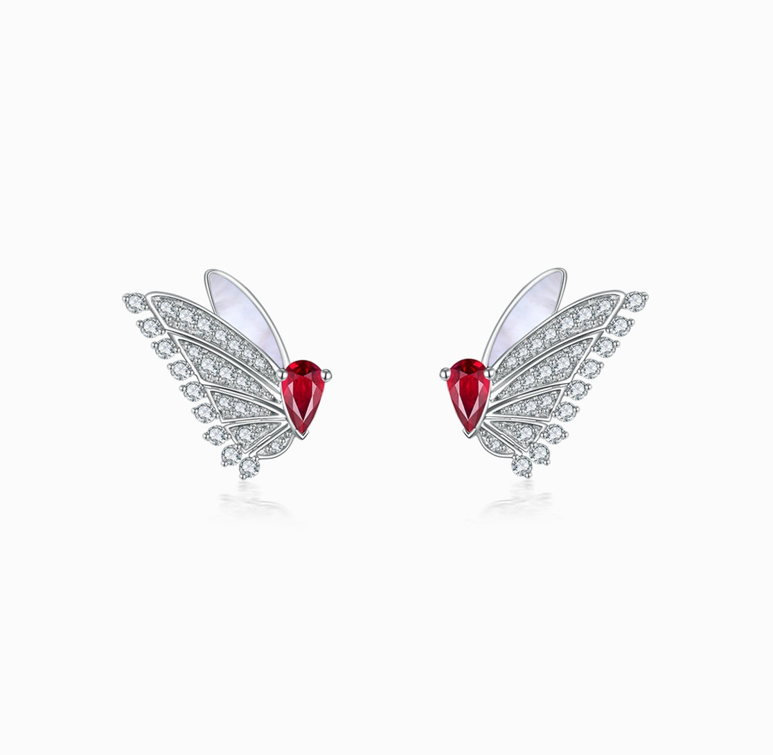 THIALH - FAUNA & FLORA - 18K White Gold Butterfly Ruby and Diamond Stud Earrings