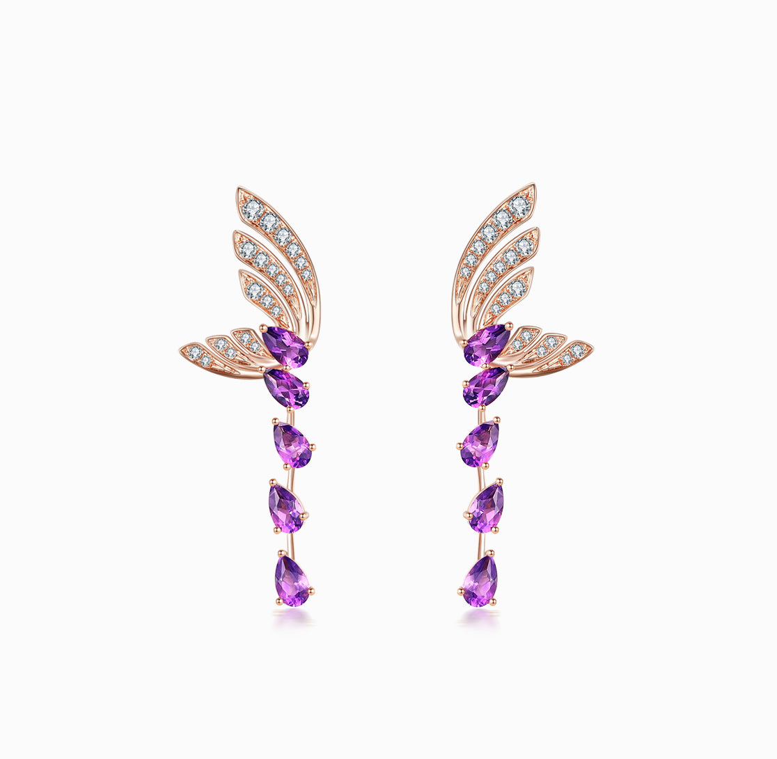 FAUNA & FLORA - 18K Rose Gold Butterfly Amethyst Diamond Earrings