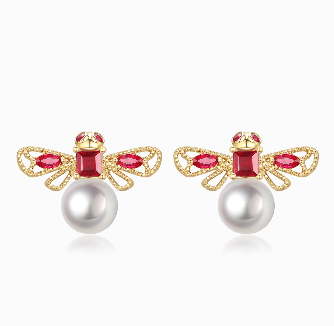 Load image into Gallery viewer, THIALH - FAUNA &amp;amp; FLORA - 18K Yellow Gold Bee Ruby and Diamond Akoya Pearl Stud Earrings
