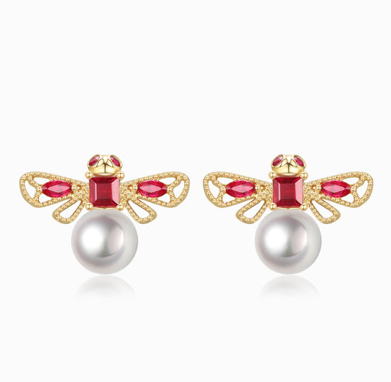 THIALH - FAUNA & FLORA - 18K Yellow Gold Bee Ruby and Diamond Akoya Pearl Stud Earrings