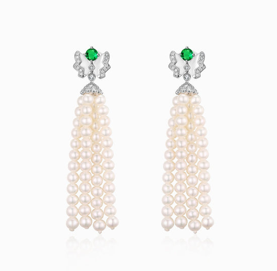 THIALH - FAUNA & FLORA - Butterfly Emerald, Mother of Pearl and Diamond Tassel Pearl Earrings