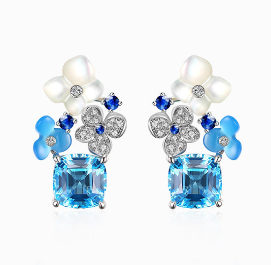 THIALH - FAUNA & FLORA - Hydrange Topaz and Sapphire Diamond Earrings