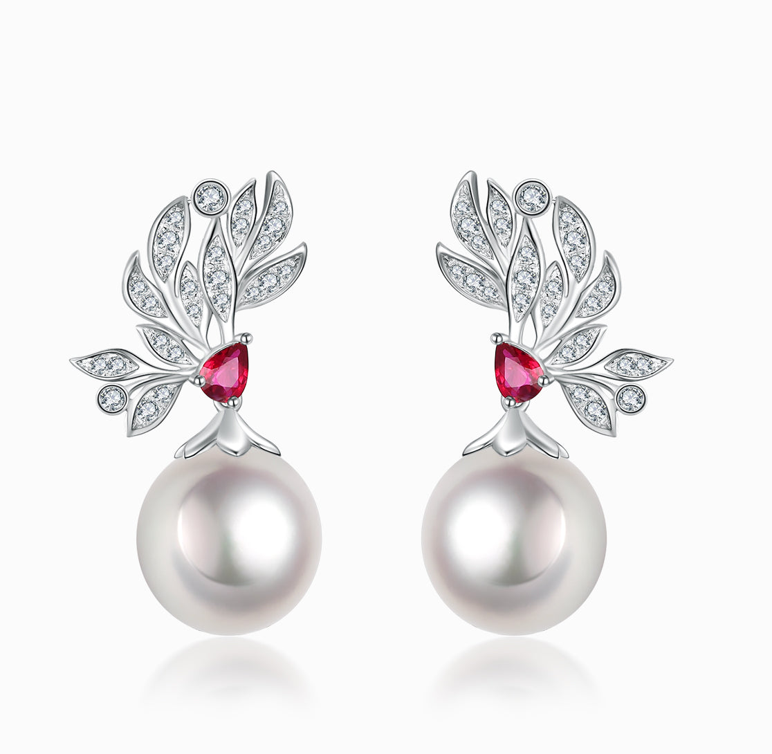 Load image into Gallery viewer, FAUNA &amp;amp; FLORA - Ruby and White Diamond Pearl Earrings
