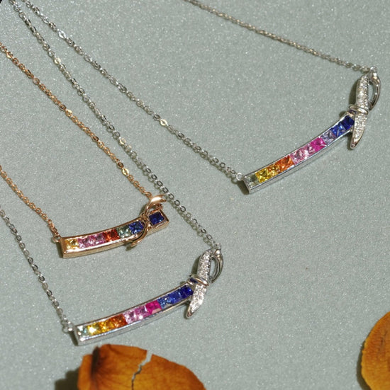 Load image into Gallery viewer, For Her Jewellery - 18K Rose Gold Ribbon Rainbow Bar Necklace
