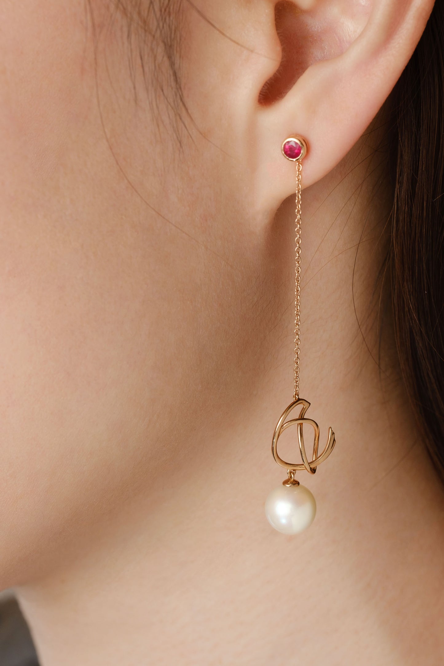 Load image into Gallery viewer, THIALH - ROBIN - Ruby and Pearl 18K Rose Gold Duality Earrings
