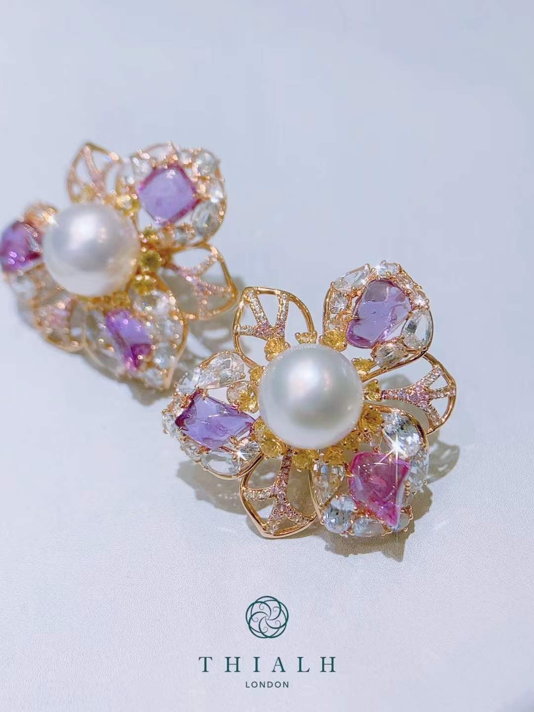 THIALH - FAUNA & FLORA - 18K Rose Gold Flora Sapphire and Diamond Stud Earrings