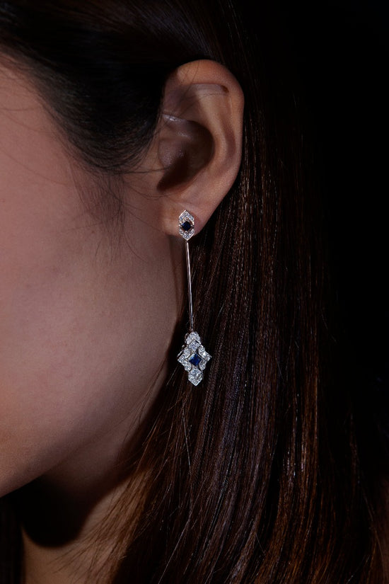 Castle - Double wear Earring/Brooch in 18K White Gold Plated 925 Sterling Silver with Blue Cubic Zirconia