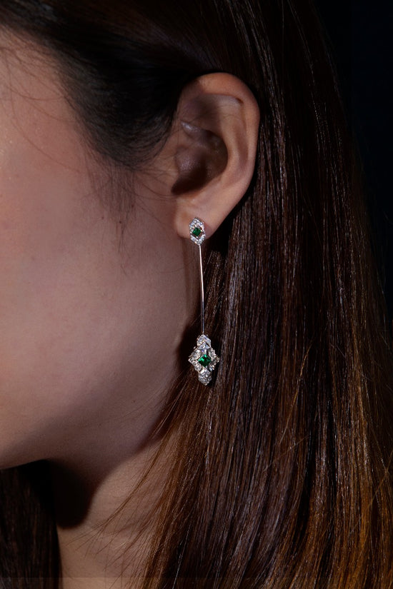 Castle - Double wear Earring/Brooch in 18K White Gold Plated 925 Sterling Silver with Green Cubic Zirconia