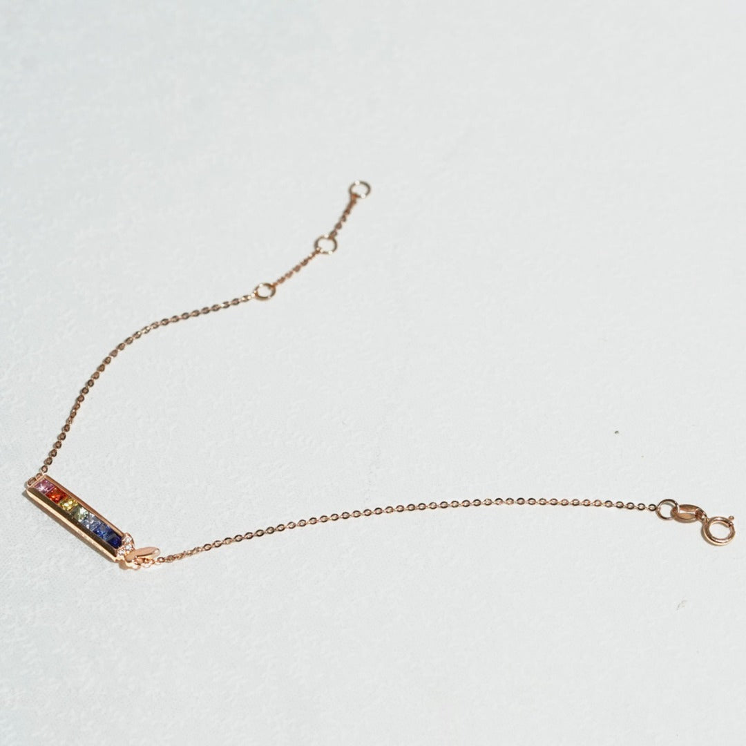 For Her Jewellery - 18K Rose Gold Butterfly Rainbow Bar Bracelet