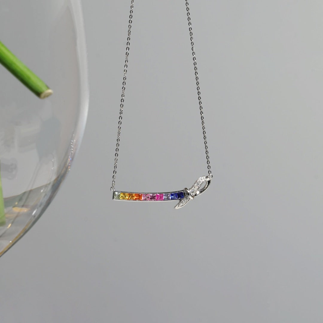 For Her Jewellery - 18K White Gold Ribbon Rainbow Bar Necklace