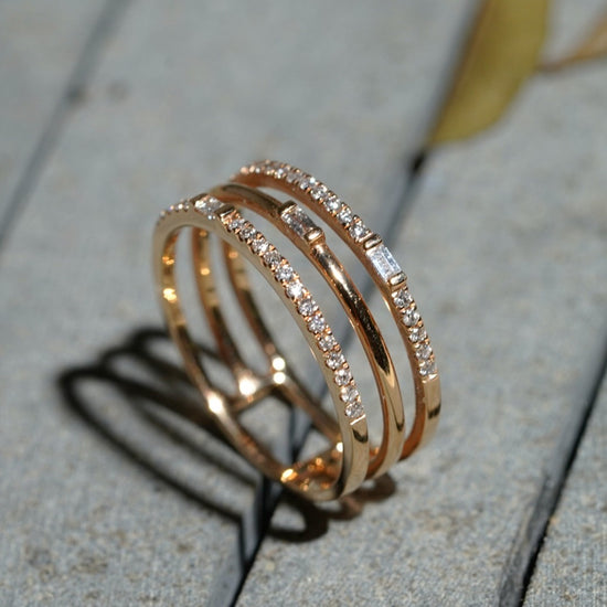 For Her Jewellery - 18K Rose Gold Baguette 3 Band Diamond Ring