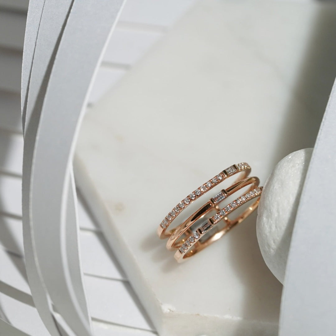 For Her Jewellery - 18K Rose Gold Baguette 3 Band Diamond Ring