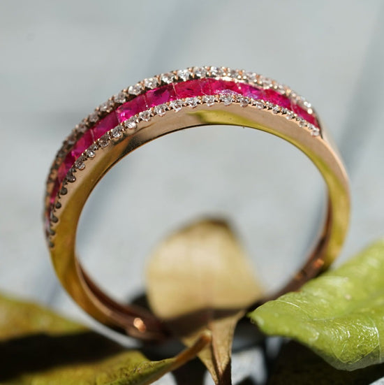 Load image into Gallery viewer, For Her Jewellery - 18K Rose Gold Ruby and Diamond Band Ring
