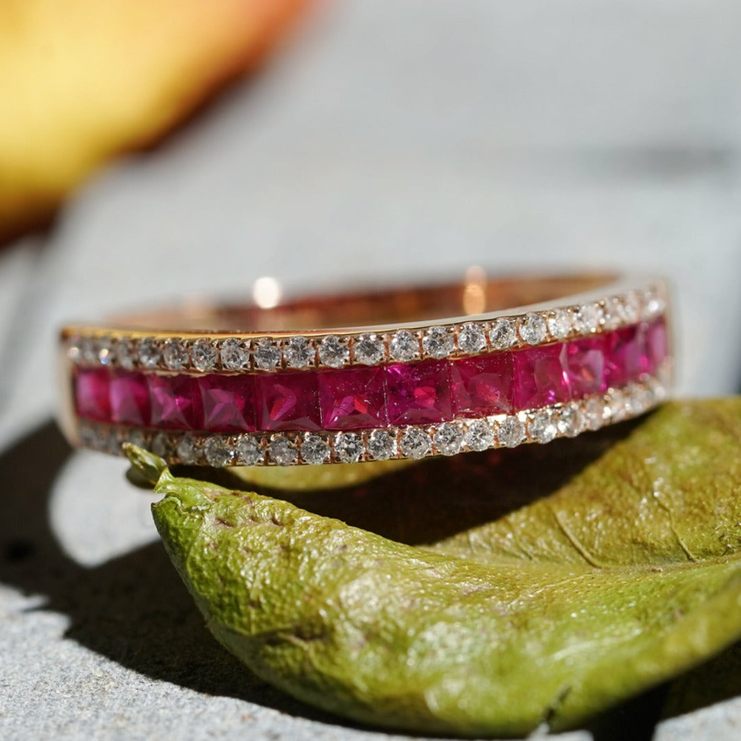 For Her Jewellery - 18K Rose Gold Ruby and Diamond Band Ring