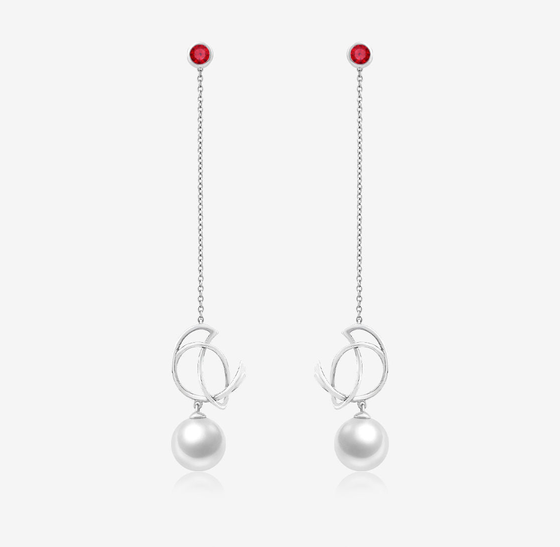 THIALH - ROBIN - Ruby and Pearl 18K White Gold Duality Earrings